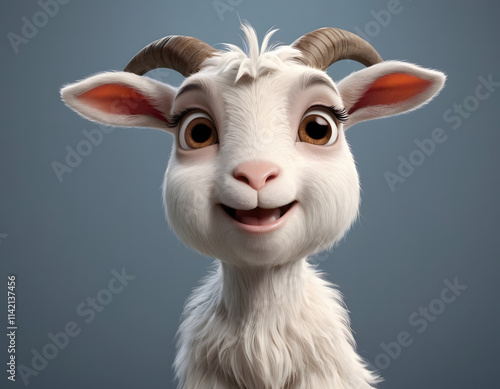 closeup shot of beautiful 3d white furry goat cartoon character blurry  grey background  nature concept wildlife   photo