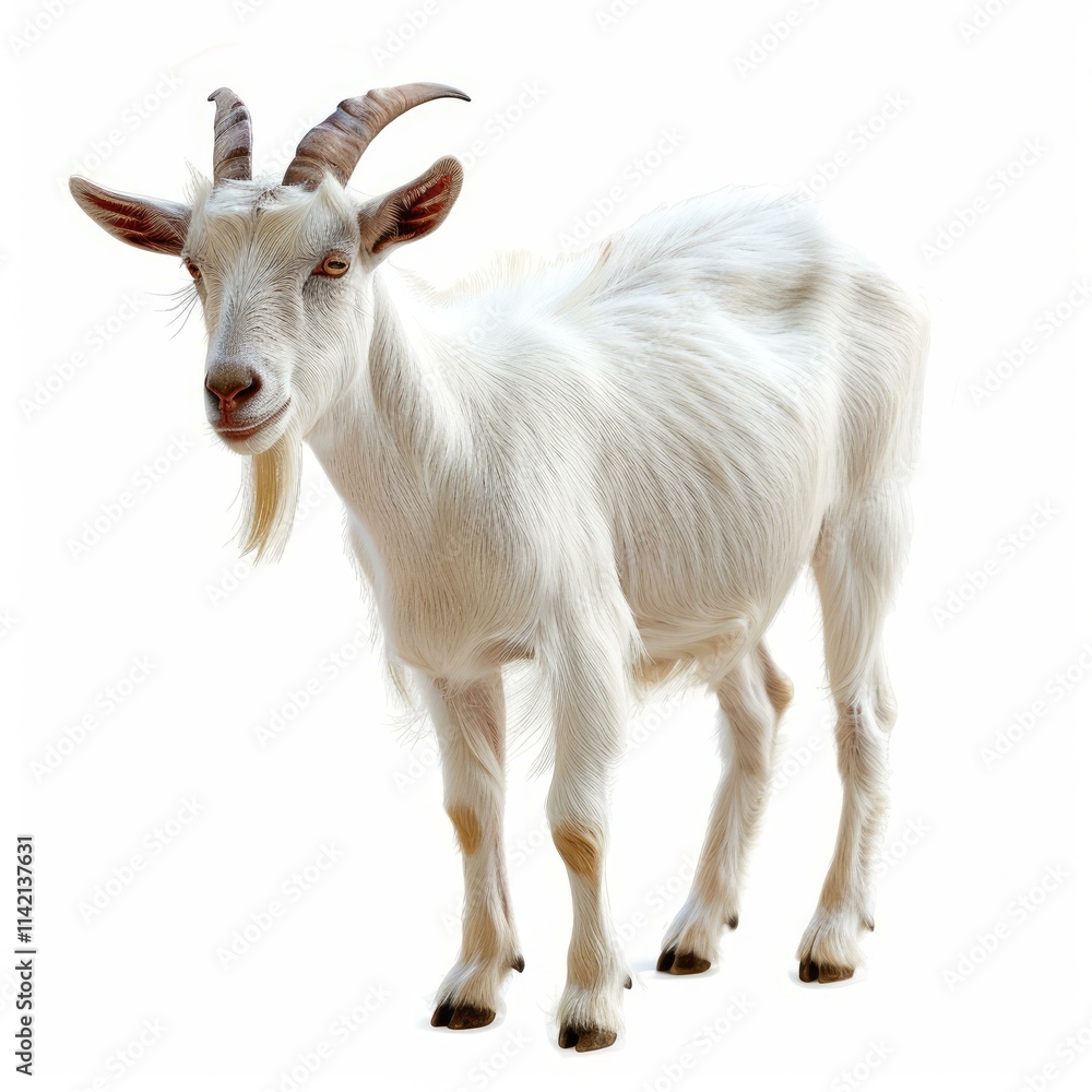 White goat with horns is standing on a white background White goat with horns is standing on a white background