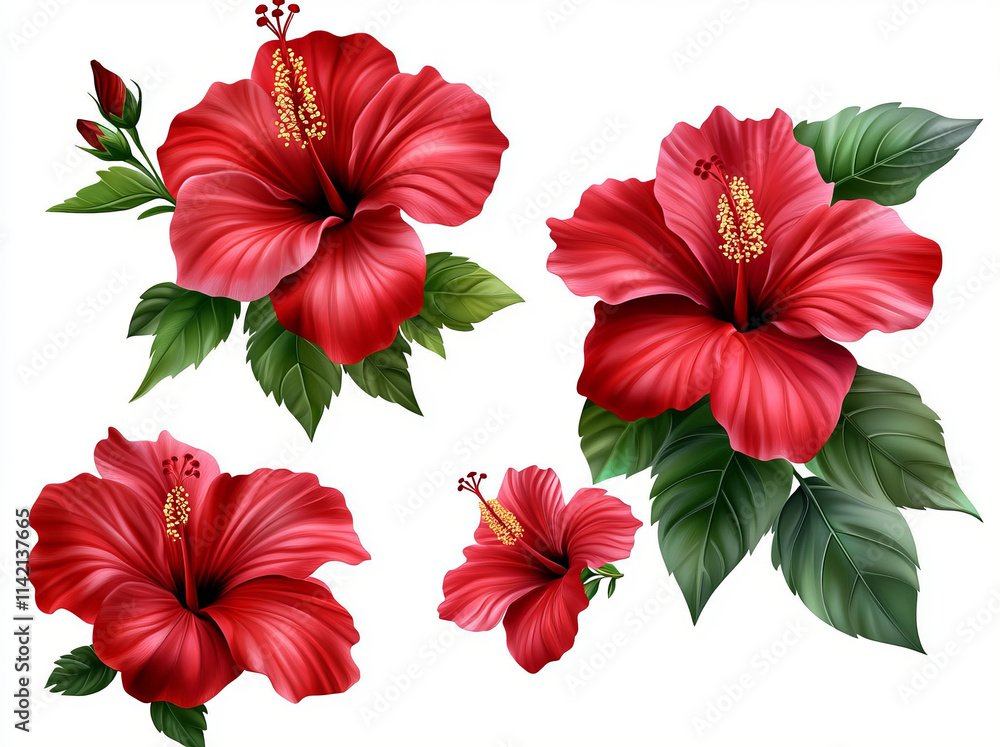 Set of red hibiscus flowers and leaves Set of red hibiscus flowers and leaves