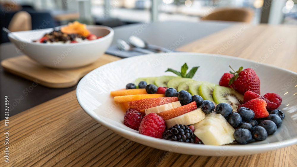 Fresh fruit salad with berries, kiwi, and melon on wooden table Fresh fruit salad with berries, kiwi, and melon on wooden table