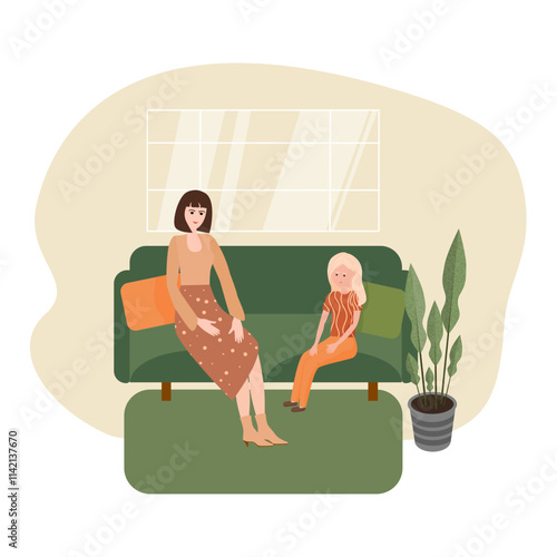 Specialist woman sitting on sofa in office and talking to girl