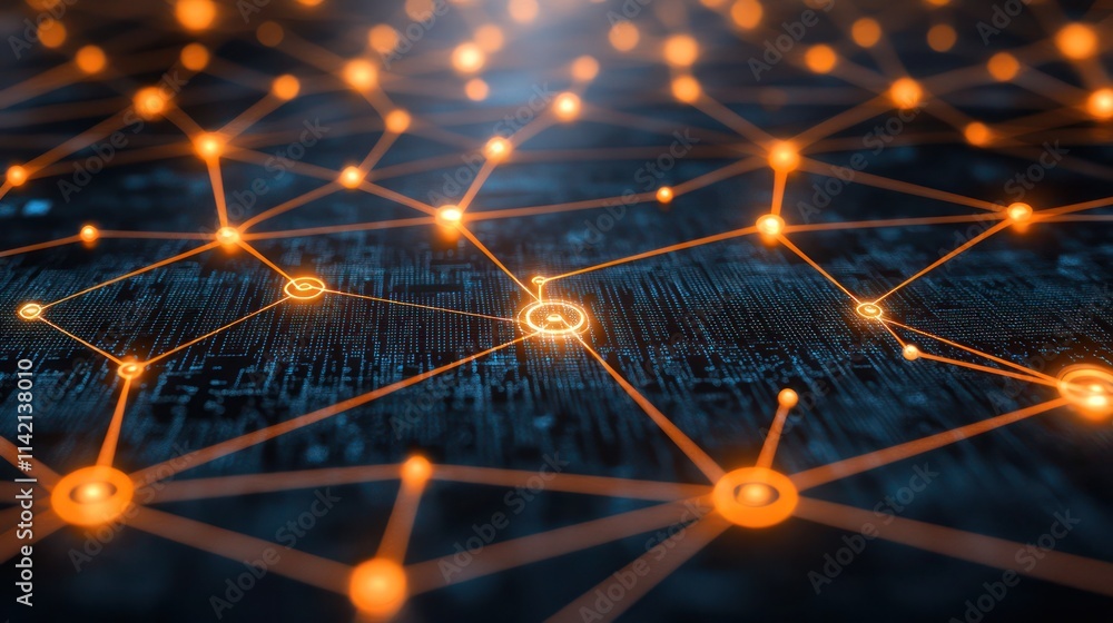 Abstract network of glowing orange connections on a dark circuit board background. Abstract network of glowing orange connections on a dark circuit board background.