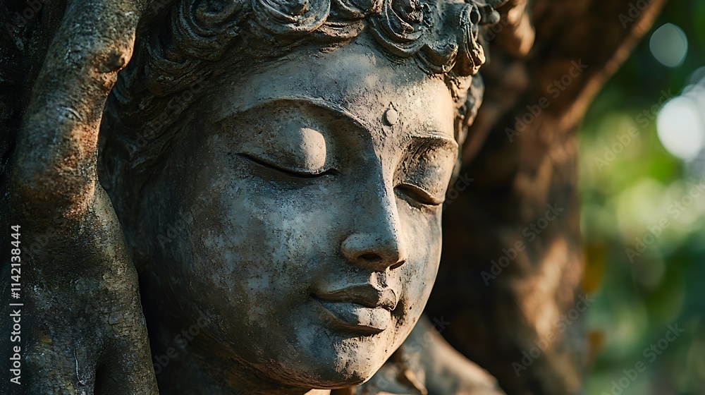 Serene Stone Buddha Statue Embraced by Tree Roots Serene Stone Buddha Statue Embraced by Tree Roots