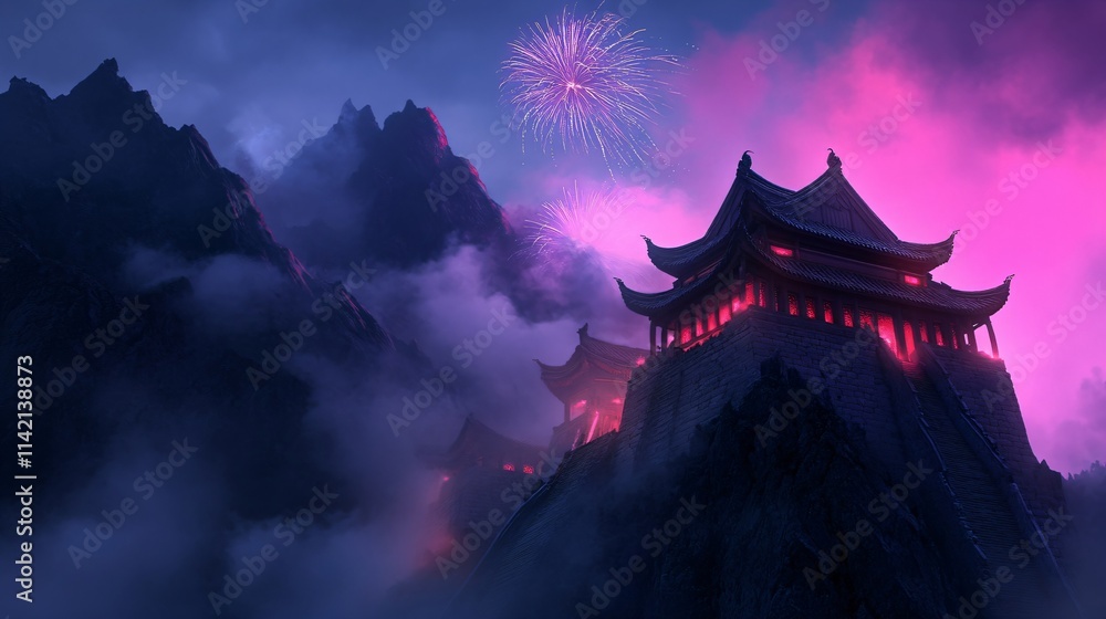 Holiday firework over asian temple. Chinese New Year celebration. Chinatown city panorama at night with colorful exploding fireworks. Lantern Festival, Dragon Boat Festival, Mid-Autumn Festival Holiday firework over asian temple. Chinese New Year celebration. Chinatown city panorama at night with colorful exploding fireworks. Lantern Festival, Dragon Boat Festival, Mid-Autumn Festival