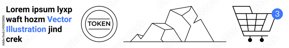 Token symbol, geometric shape, and shopping cart with notification icon. Ideal for web design, e-commerce, digital assets, marketing, minimal layouts, business presentations, landing page Token symbol, geometric shape, and shopping cart with notification icon. Ideal for web design, e-commerce, digital assets, marketing, minimal layouts, business presentations, landing page