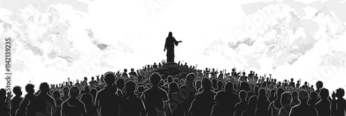 Large crowd of people are gathered on a hill. A man is standing in the middle of the crowd. flat vector illustration