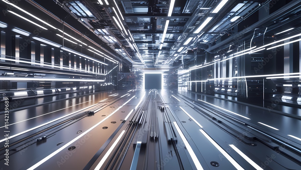 Naklejka premium A futuristic digital world filled with reflective nerve impulses, electrical currents, and holographic patterns representing advanced network technology.