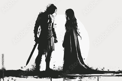 Man and a woman are standing in front of each other. The man is holding a sword. flat vector illustration