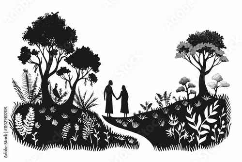 Man and woman are holding hands in a forest. The man is wearing a robe. flat vector illustration