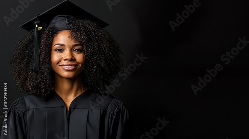 Confident Graduate Woman Standing Outdoors in Black Cap and Gown Holding Diploma Smiling