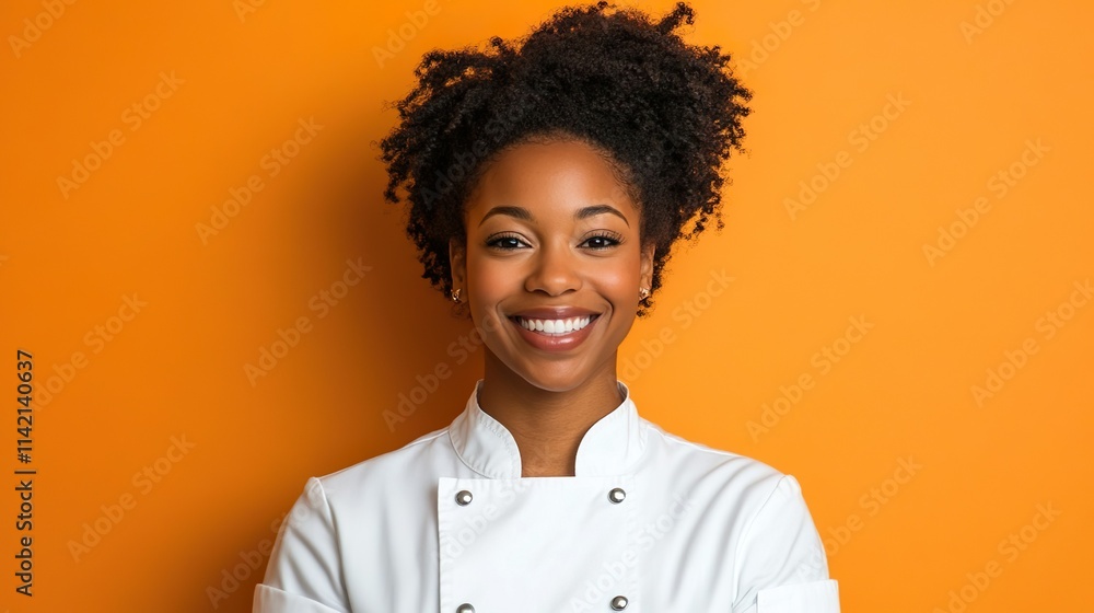 Happy Black Female Chef Standing with Arms Crossed Confidently in White Kitchen Uniform Portrait Happy Black Female Chef Standing with Arms Crossed Confidently in White Kitchen Uniform Portrait