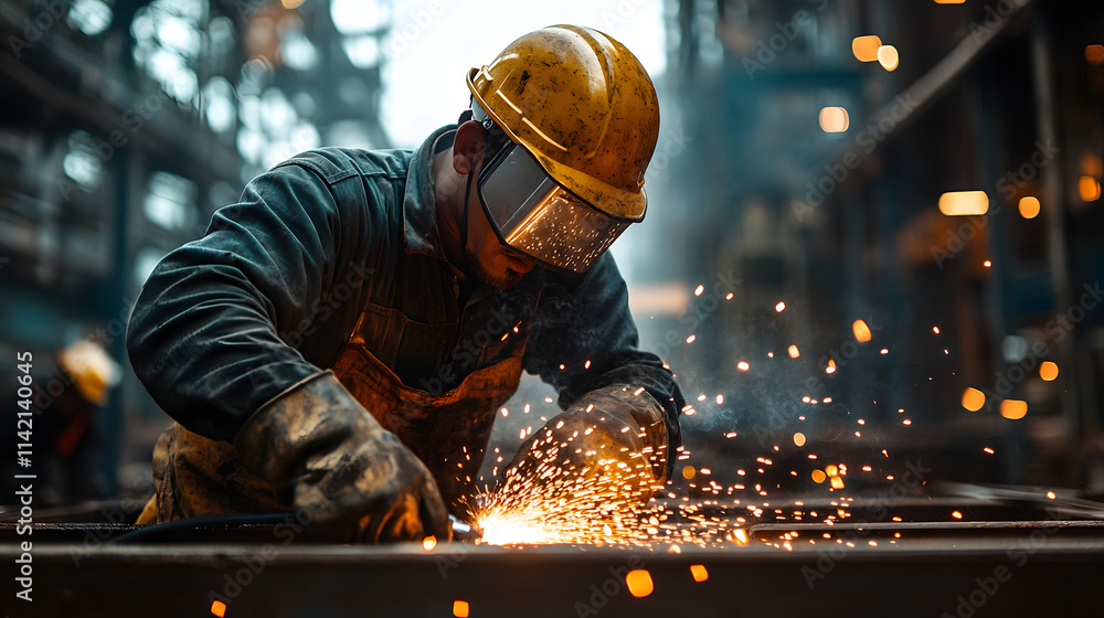 Welding worker in hard hat creates sparks in industrial setting Welding worker in hard hat creates sparks in industrial setting