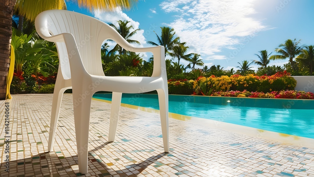 Fototapeta premium Classic white plastic chair by a turquoise pool at a tropical resort 