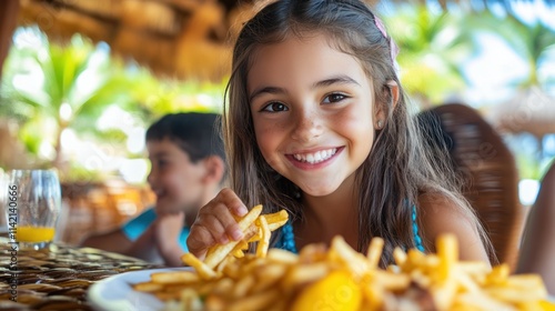 Smiling girl eating french fries at outdoor cafe.