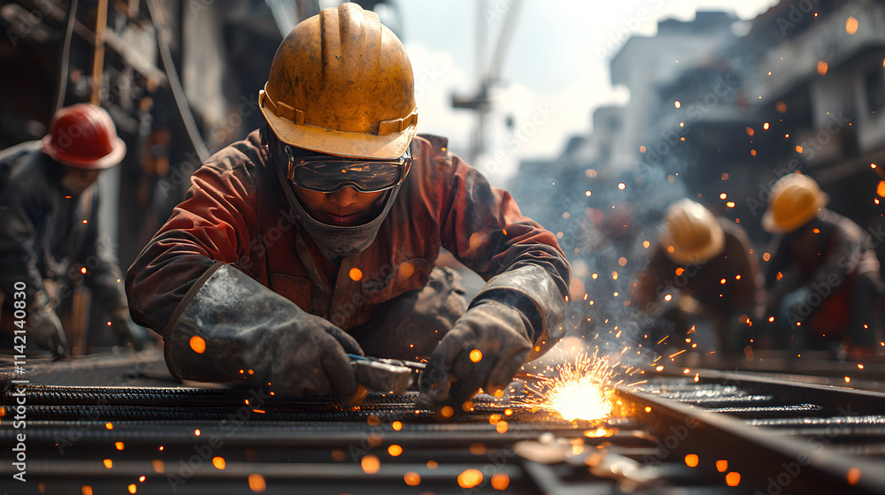 Welding worker in hard hat sparks flying during metal fabrication Welding worker in hard hat sparks flying during metal fabrication