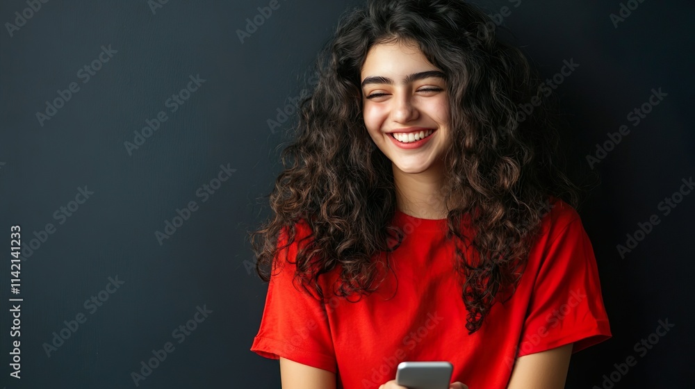 Naklejka premium Happy Woman with Natural Curls Wearing Red Shirt Studio Close-Up Portrait