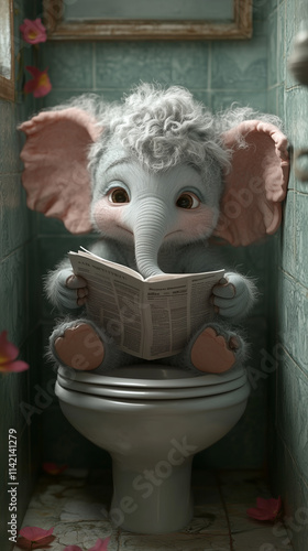 Adorable cartoon elephant with fluffy fur sitting on a toilet, reading a newspaper in a cozy, tiled bathroom with scattered flower petals. Perfect for playful and whimsical themes