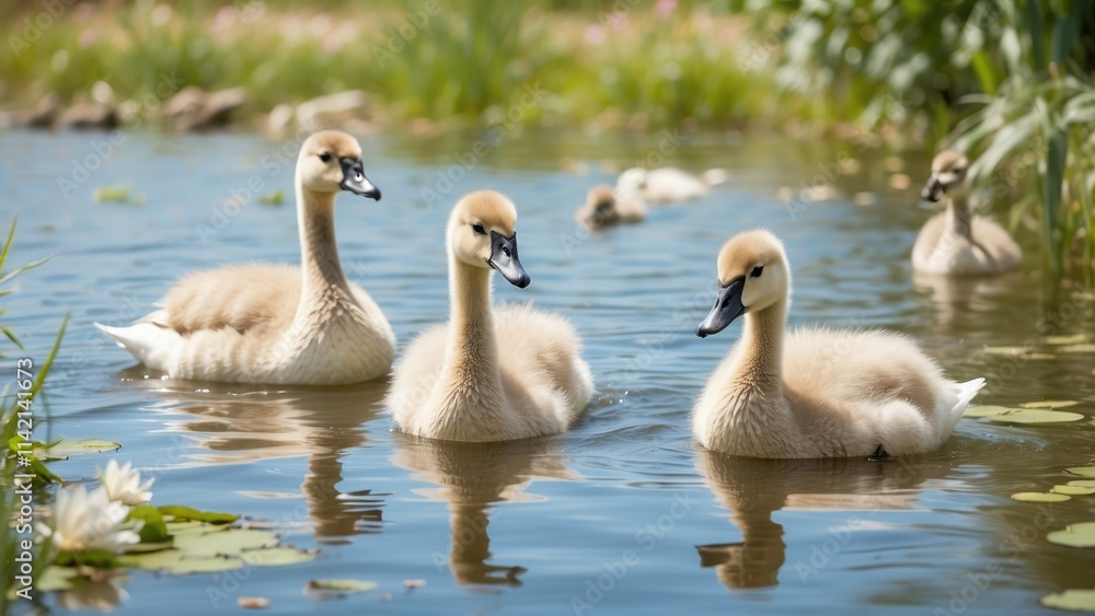 Three cygnets swim in a shallow, greenish pond surrounded by tall grasses. Three cygnets swim in a shallow, greenish pond surrounded by tall grasses.