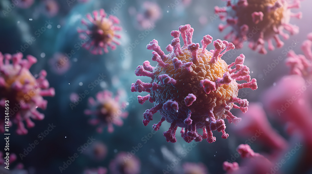 Colorful virus particles in microscopic view, showcasing intricate details Colorful virus particles in microscopic view, showcasing intricate details