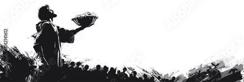 Man is holding a bowl in front of a crowd. The crowd is made up of many people. flat vector illustration