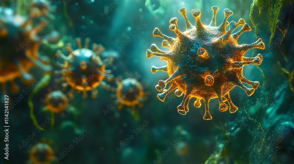 Microscopic view of viruses vibrant underwater environment, showcasing their intricate structure Microscopic view of viruses vibrant underwater environment, showcasing their intricate structure
