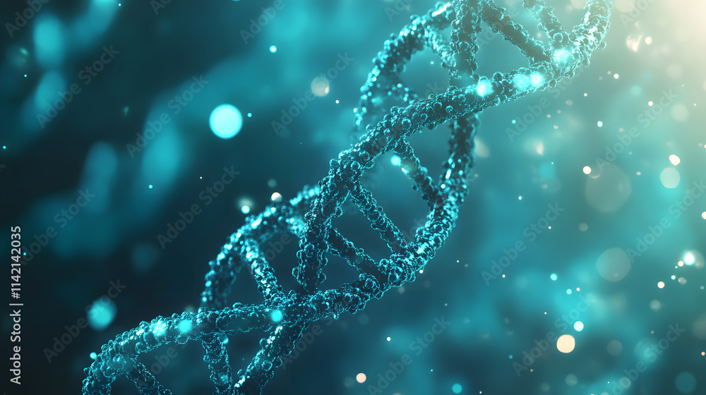 stunning DNA strand glows in teal, surrounded by shimmering particles stunning DNA strand glows in teal, surrounded by shimmering particles