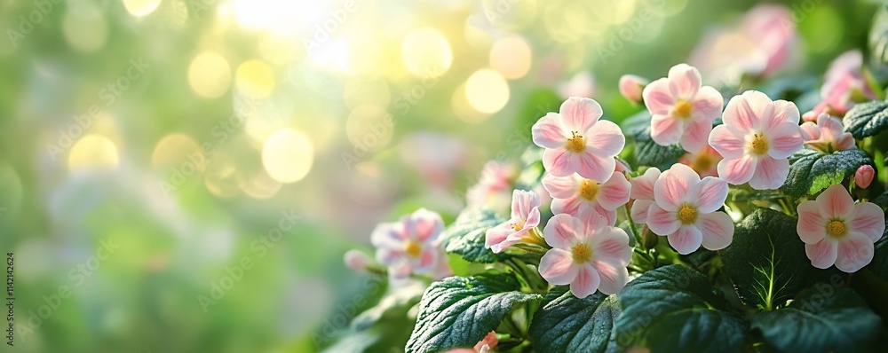 Delicate pink flowers blooming in sunlight. Delicate pink flowers blooming in sunlight.
