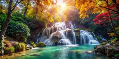 Fantasy Waterfall Forest Scene - Rule of Thirds Composition - Lush Nature - Magical Sunlight