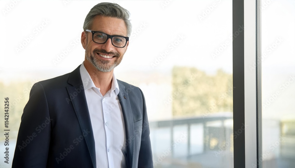 Fototapeta premium Middle aged professional business man with glasses wearing white shirt and suit happily smiling standing in office near glass window 
