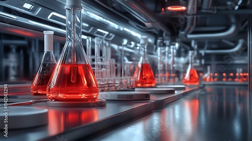 Red liquid in laboratory glassware setup. photo