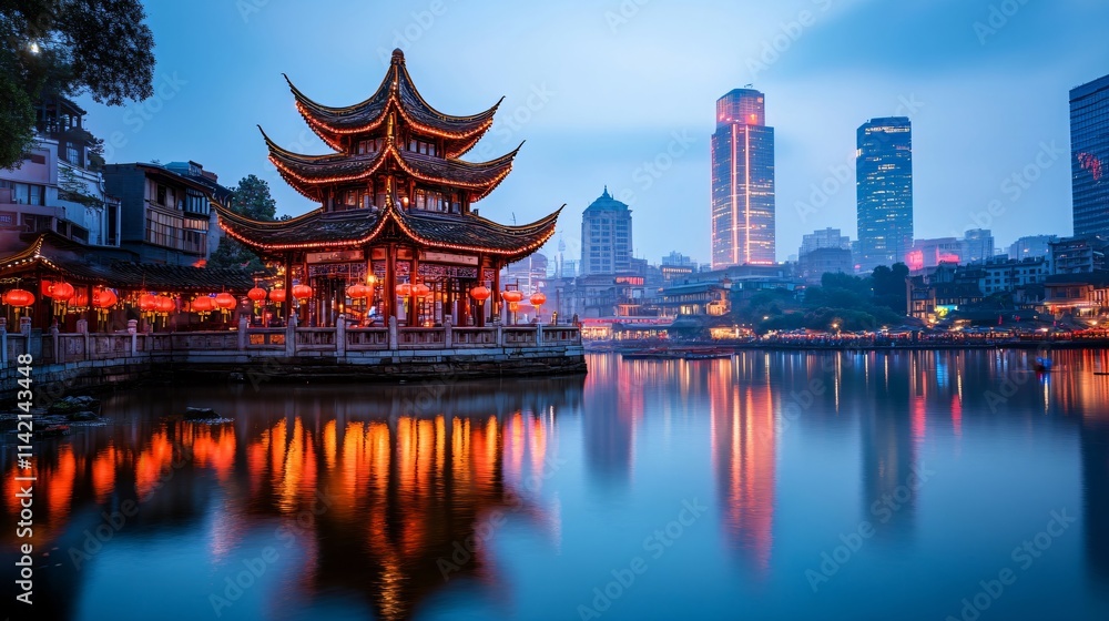 Traditional Chinese pagoda by serene lake at dusk. Asian architecture with city skyline at night. Cultural heritage for travel, tourism, and Lunar New Year celebration