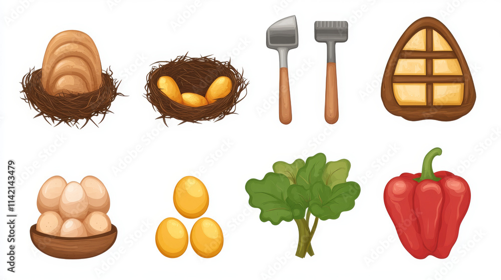 Farm game icon set. Cartoon vector props collection consisting of ...