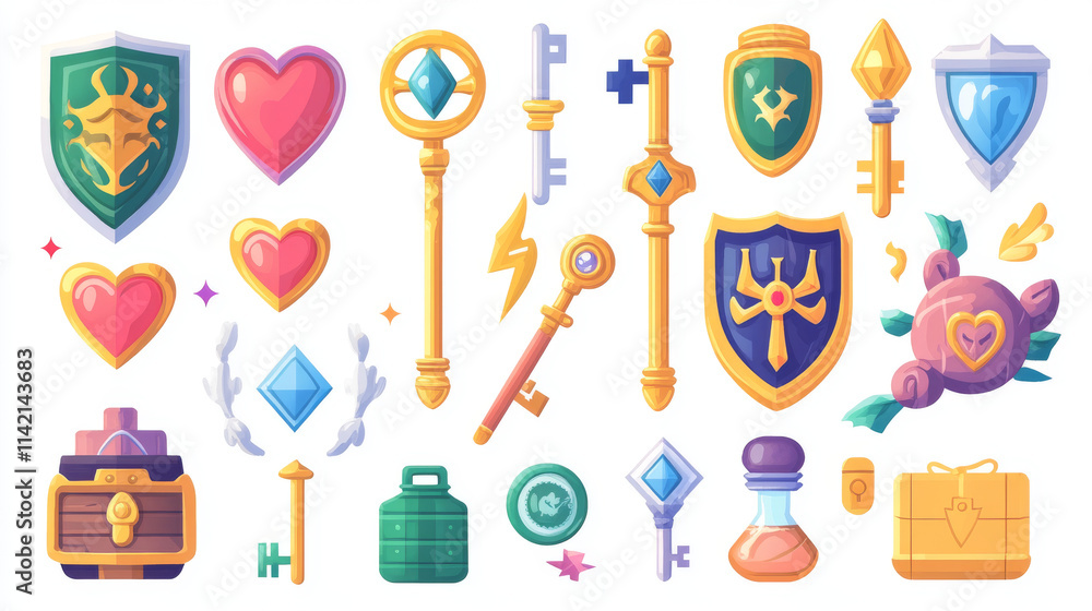 Set of game icons or buttons. Cartoon 3d ui shield, sword, flash and heart, golden cup, magic potion flasks, gold key and treasure chest. Flag, gift box, bomb and money bills, hourglass and brilliant Set of game icons or buttons. Cartoon 3d ui shield, sword, flash and heart, golden cup, magic potion flasks, gold key and treasure chest. Flag, gift box, bomb and money bills, hourglass and brilliant