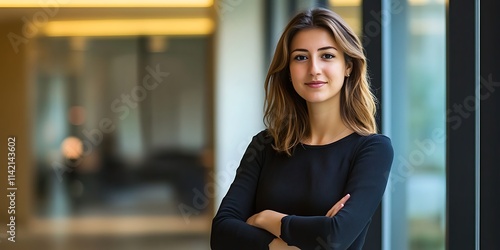 Portrait of a financial analyst standing confidently at a modern desk photo