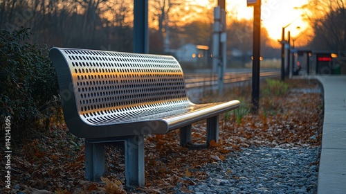 front view of a modern metallic bench at the train station in the mornin photo