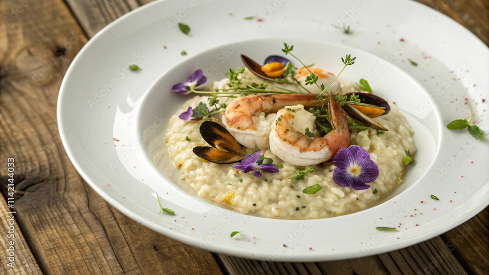 Creamy seafood risotto topped with shrimp, mussels, and fresh herbs. delightful dish garnished with edible flowers Creamy seafood risotto topped with shrimp, mussels, and fresh herbs. delightful dish garnished with edible flowers