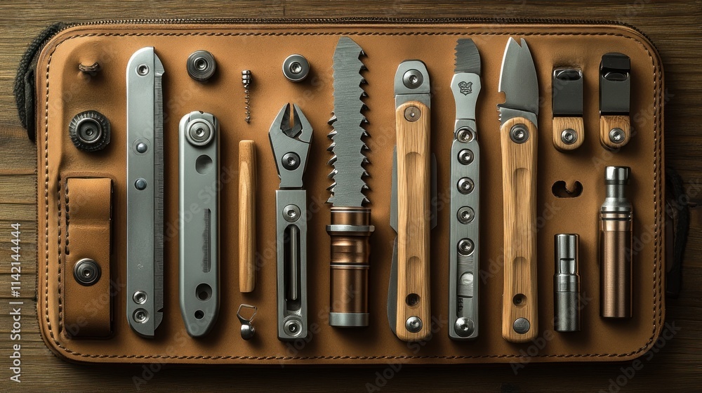 Top view of a leather tray with neatly organized metal and wood tools. Top view of a leather tray with neatly organized metal and wood tools.