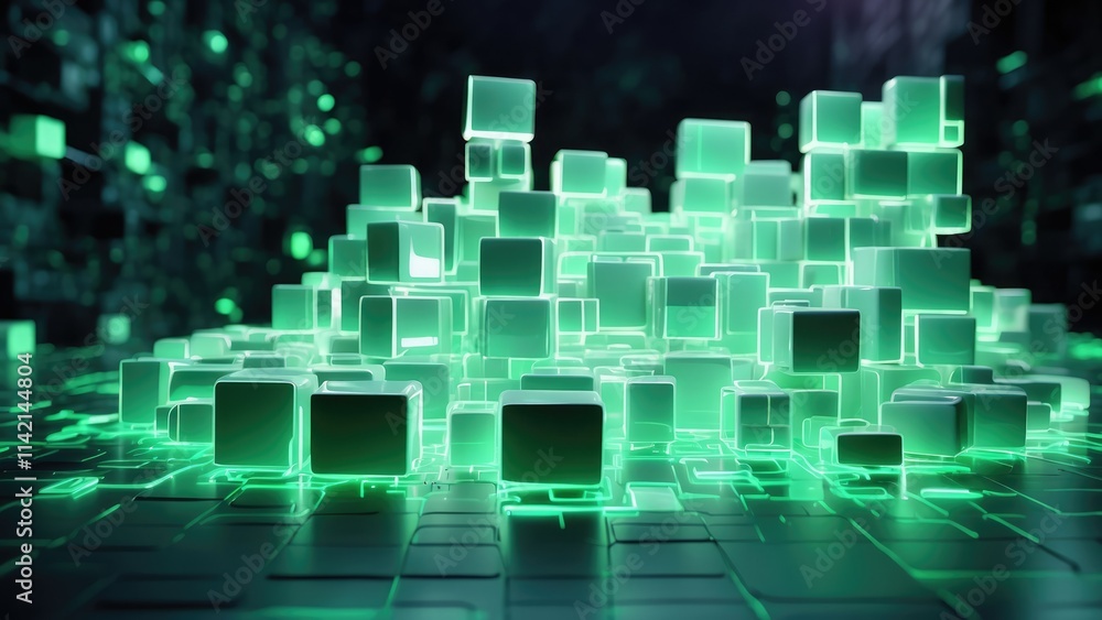 A vibrant, abstract representation of a cityscape made up of illuminated geometric blocks