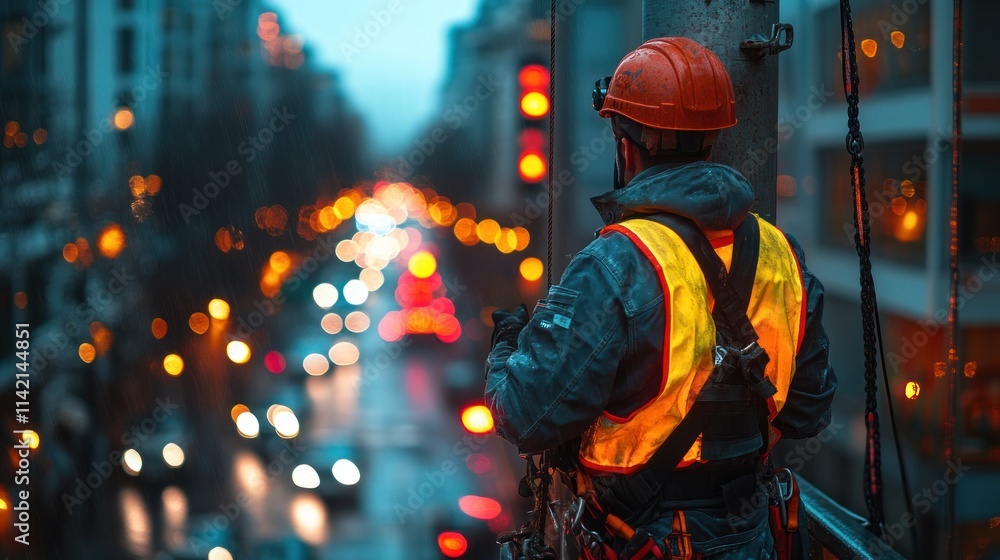 Urban worker on a utility pole at twilight, safety gear, city lights, blurred cars in background. Urban worker on a utility pole at twilight, safety gear, city lights, blurred cars in background.