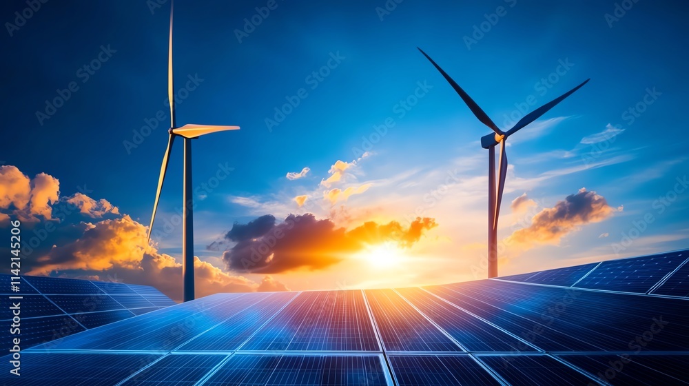Renewable energy sunset with solar panels. Renewable energy sunset with solar panels.