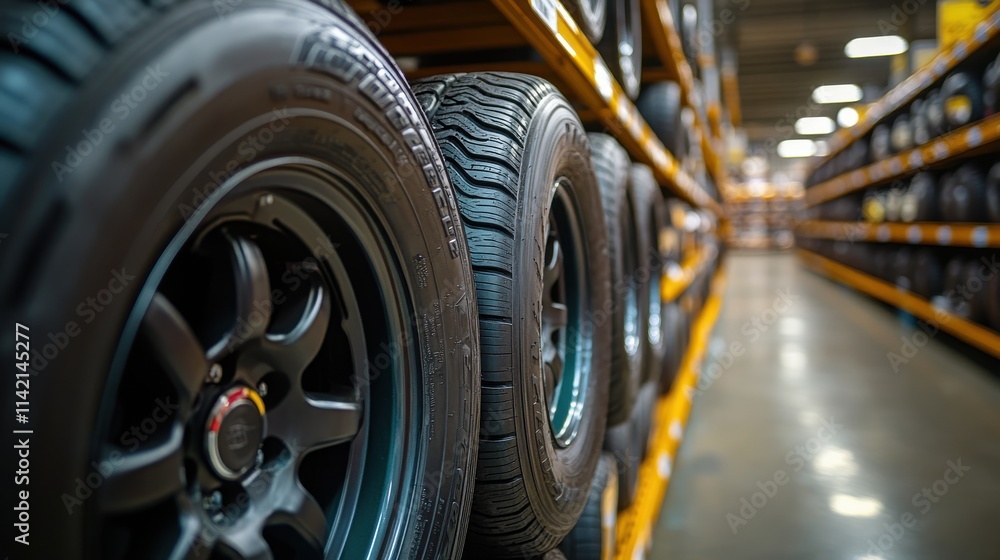 in an auto parts store four car tires are neatly stacked with product shelves visible in the backgroun in an auto parts store four car tires are neatly stacked with product shelves visible in the backgroun
