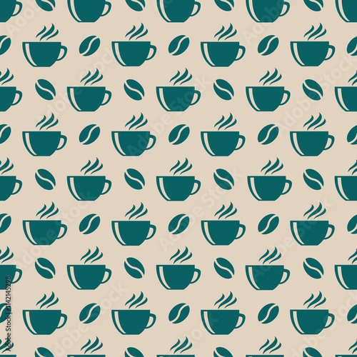 Seamless pattern on the theme of coffee and food with emerald cups and coffee beans on a beige background, can be used for packaging, holiday cards, websites, textiles