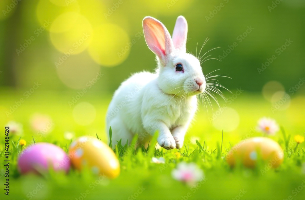White fluffy rabbit on a green meadow, around are colorful Easter eggs. Easter holiday concept. White fluffy rabbit on a green meadow, around are colorful Easter eggs. Easter holiday concept.