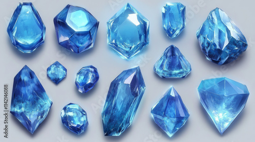 Crystal and ice game magic arctic piece vector. Blue diamond gem shape for frozen fantasy chunk block. Cristal texture on froze icy antarctic asset set. Freeze and shiny precious jewelry element.