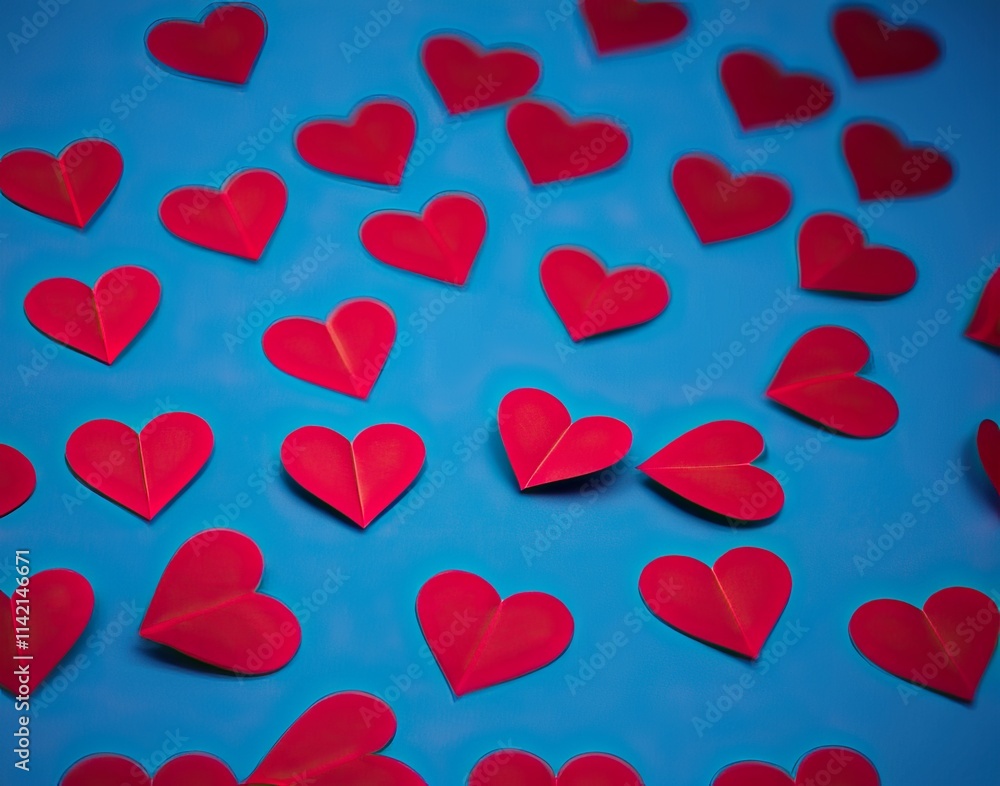 Scattered red paper hearts on a blue background with copy space for text Scattered red paper hearts on a blue background with copy space for text