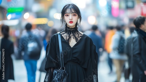 South Korean female model in a modern dress, walking down a busy street in Seoul with copy space photo