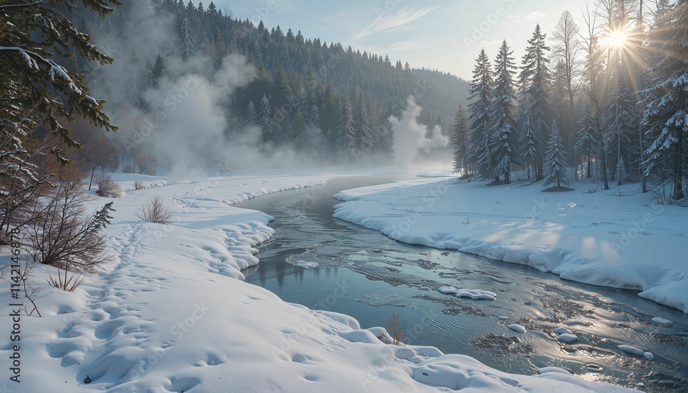Mystical Winter River Landscape with Golden Sunrays Mystical Winter River Landscape with Golden Sunrays