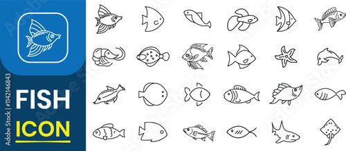 Fish icon set. Fish line icon vector collection. River fishing symbol, sign. Fish icon, seafood or farm water animal isolated flat design. Vector illustration.