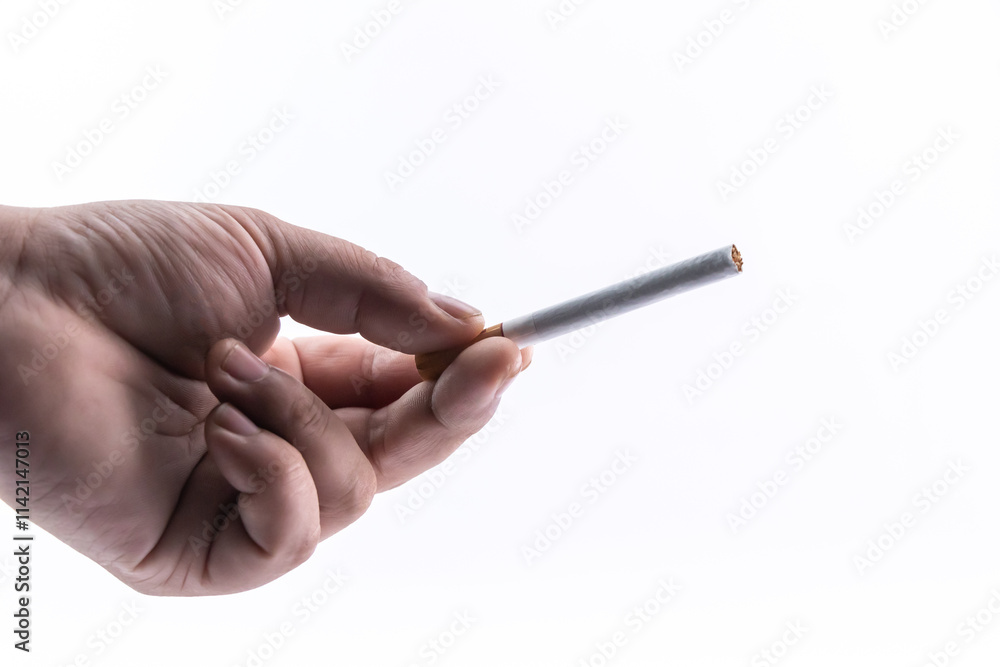 A hand offering a cigarette on a white background. A hand offering a cigarette on a white background.