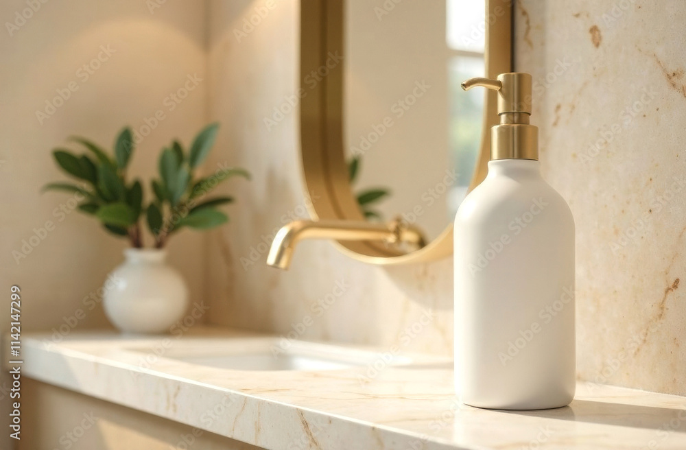 Mockup of a cosmetic bottle in an elite bathroom interior. Mockup of a cosmetic bottle in an elite bathroom interior.